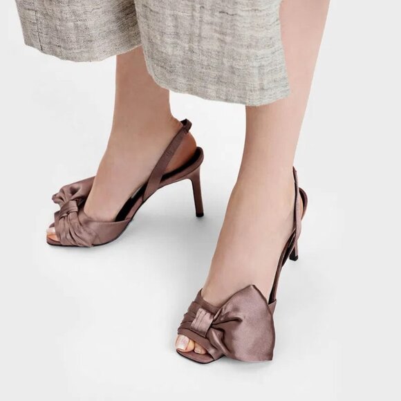 Charles & Keith Oversized Bow Detail Satin Slingbacks, Nude/Brown - Brand New - Picture 5 of 8